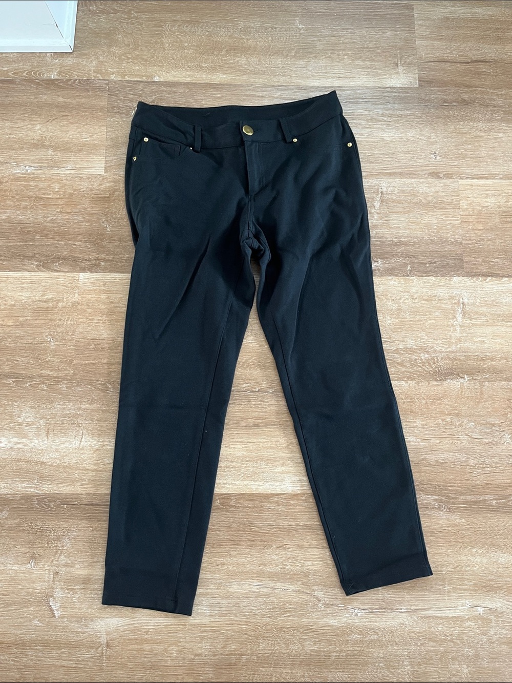 INC Black Ponte Slim Front Pants with Gold Hardware